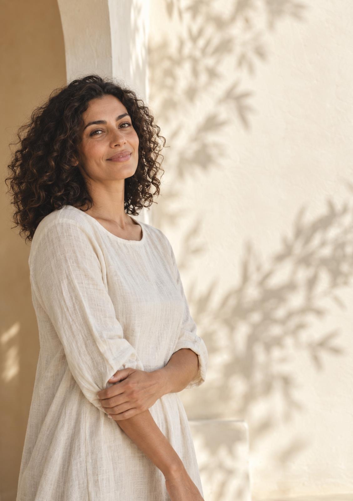 Femme adossée à une arche, ombres d'olivier sur le mur