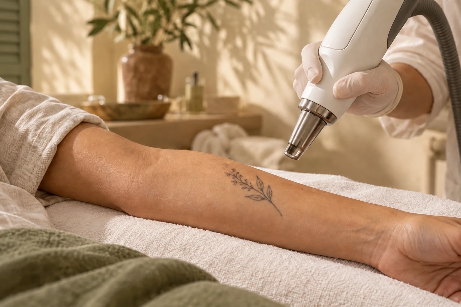 Avant-bras tatoué et appareil laser de détatouage