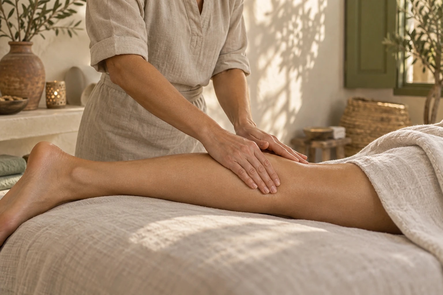 Mains de praticienne pendant un drainage lymphatique des jambes