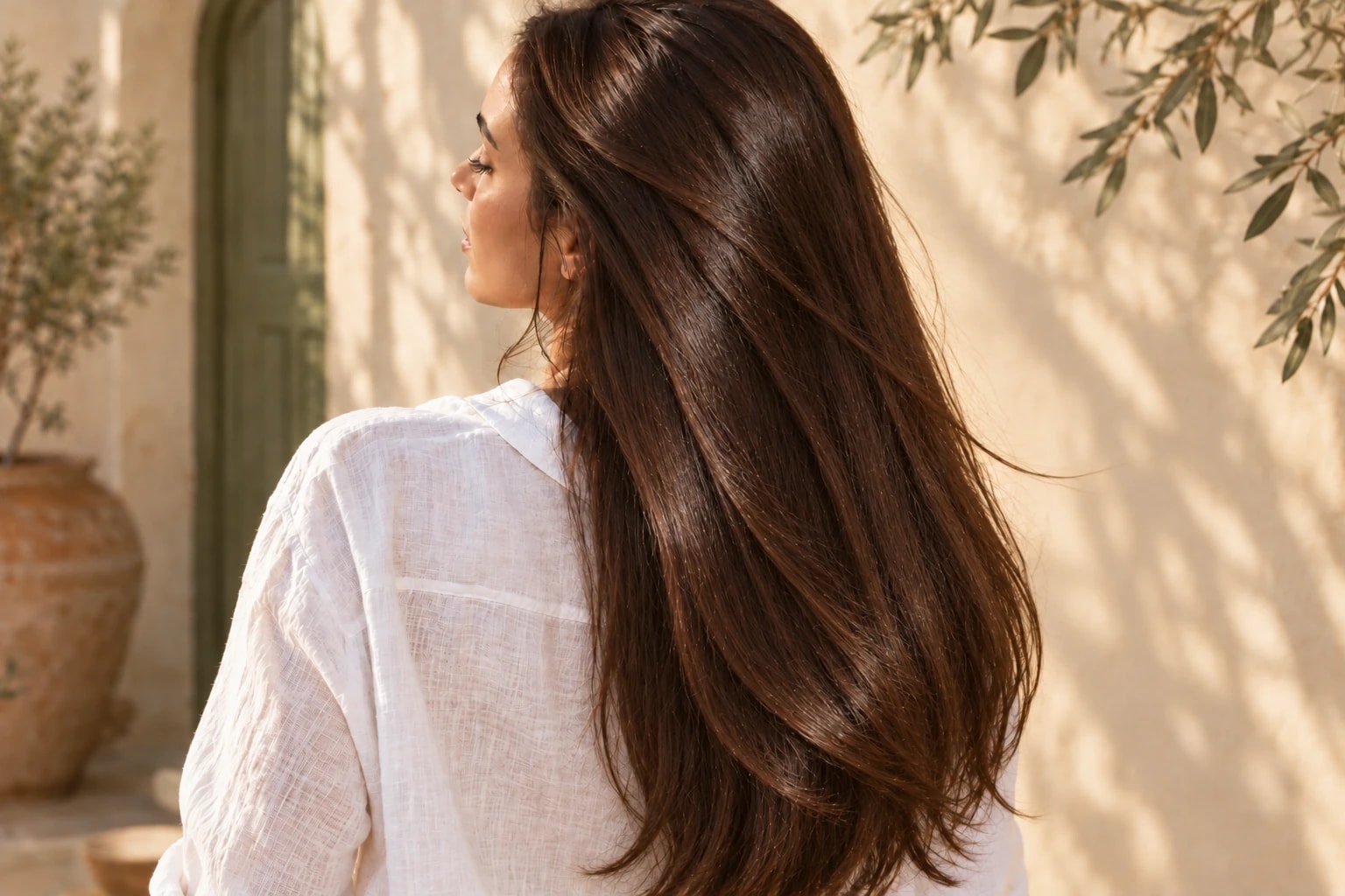 Longs cheveux bruns lisses et brillants, lumière naturelle