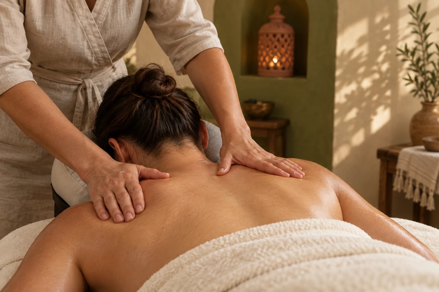 Massage des épaules et du dos, salle aux tons crème et olive