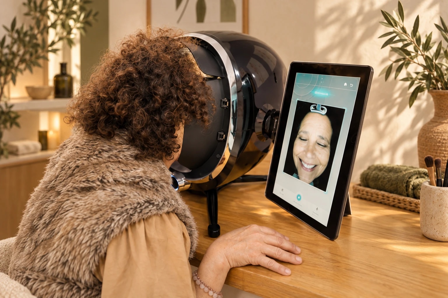 Analyse de la peau du visage au centre, résultat affiché sur une tablette